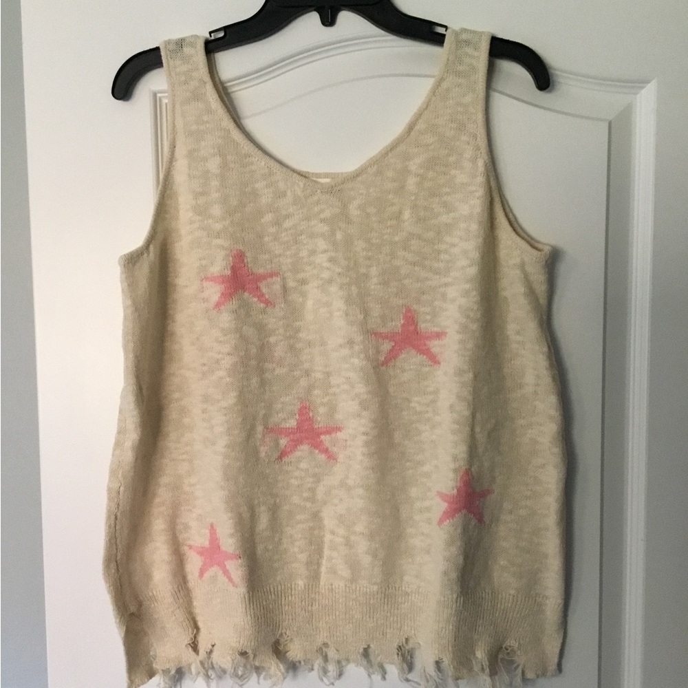 Sweater Tank Top with Stars and Raw Edge Hem Line